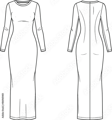 Long sleeve bodycon maxi dress fashion flat sketch, front and back technical drawing template for apparel design and garment production