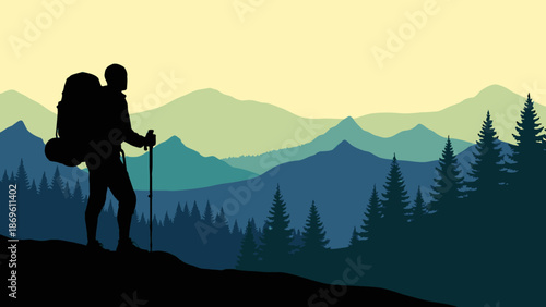 Silhouette of a hiker with backpack and trekking pole on mountain ridge at sunset.