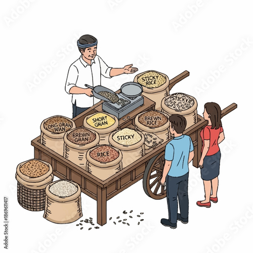 Seller Weighing Grains for Customers at Market Stall.