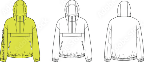 Hooded pullover windbreaker jacket fashion flat sketch with zipper pockets and elastic hem, front and back technical clothing template