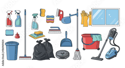 Comprehensive collection of various cleaning supplies including spray bottles brushes mops buckets gloves trash bags and a vacuum cleaner for home sanitation.