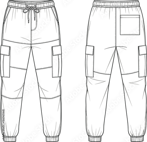 Men cargo jogger pants technical fashion illustration with front and back views featuring elastic waistband utility pockets flat sketch