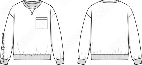 Minimalist crewneck sweatshirt technical fashion illustration front and back view with ribbed cuffs hem pocket design vector mockup