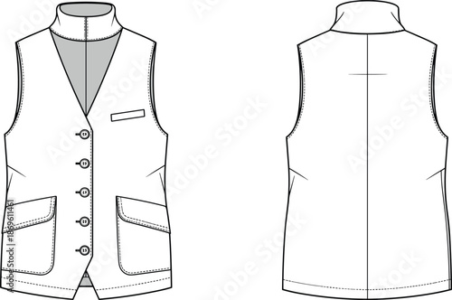Men's sleeveless tailored vest technical fashion flat sketch front and back view apparel design illustration vector waistcoat garment template
