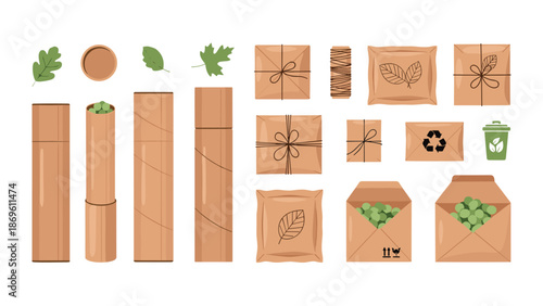 Collection of eco-friendly packaging materials, including cardboard tubes, boxes, envelopes, and a recycling bin, promoting sustainable shipping.