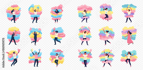 Set of diverse people celebrating Holi festival with colorful powder splashes, vector illustration.