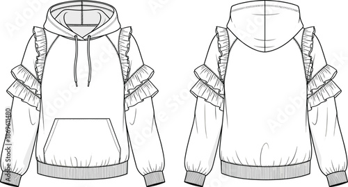 Ruffle sleeve hoodie sweatshirt technical fashion illustration front and back view with hood drawstring pocket detail vector mockup