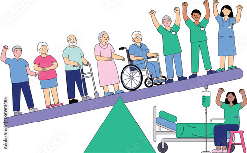 Group of elderly people and healthcare workers standing on a seesaw with a patient in a hospital bed on the other side