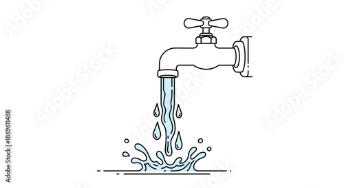 Traditional water faucet with a cross handle drips water creating splashes on a white surface depicting the flow of water and potential waste or conservation.