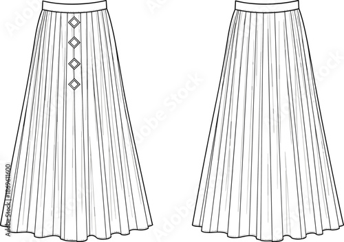 Technical fashion flat sketch of women high waist pleated maxi skirt with front button detail and back view illustration