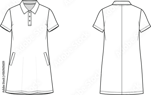 Technical fashion flat sketch of women polo collar short sleeve shift dress with pockets front and back view illustration