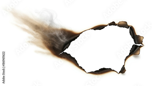 A torn, burned paper hole with dark charred edges and drifting smoke on a white background, creating a dramatic fire damage effect and blank space.
