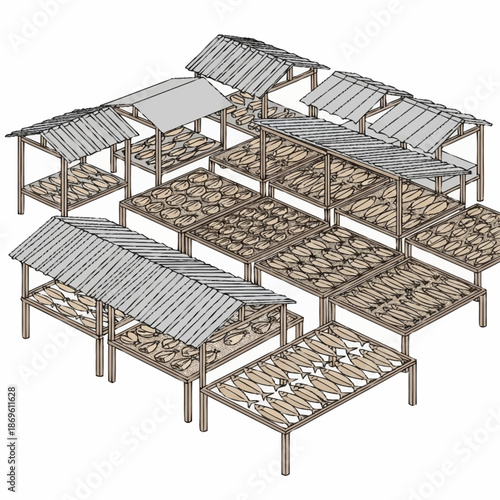 Traditional fish drying racks under shelters, showcasing a method of food preservation.