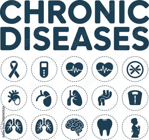 Blue text and representing various chronic diseases on a white background awareness ribbon