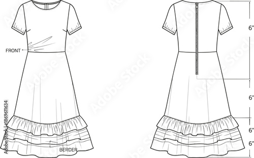Technical fashion flat sketch of women short sleeve midi dress with ruffled hem and back zipper front and back view
