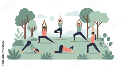Group of people practicing yoga in a serene outdoor environment surrounded by trees and greenery