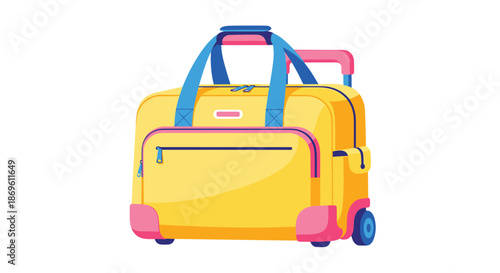 Bright yellow travel bag with wheels a retractable handle and colorful blue and pink accents symbolizing travel adventure and modern luggage design.