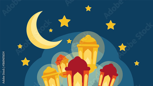 Illustration of a serene night sky with a crescent moon and stars over a fantastical mosque landscape