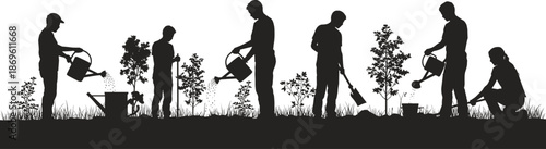 Silhouettes of people gardening with watering cans and shovels in a garden with plants and trees