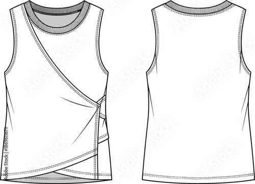 Technical fashion flat sketch of women sleeveless wrap top with ribbed neckline front and back view apparel illustration