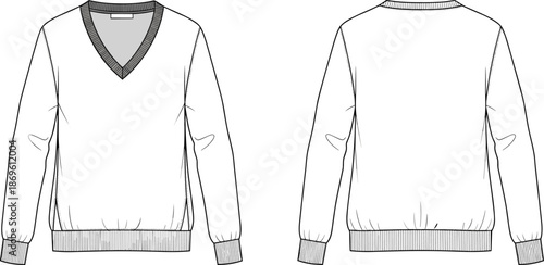 V neck sweatshirt technical fashion illustration front and back view with ribbed cuffs hem neckline detail vector mockup
