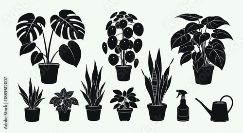 Collection of various potted houseplants in black silhouette form on a light background provides an elegant and minimalist botanical illustration for interior decor.