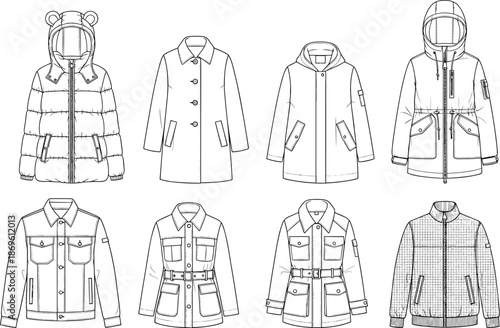 Winter jacket and coat technical fashion sketch collection, outerwear clothing design templates with pockets, zippers and details illustration set