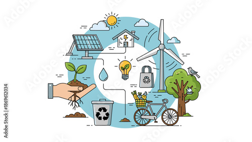 Sustainable living illustration showcasing eco-friendly practices and renewable energy sources in a modern community setting