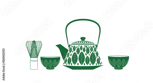 Minimalist silhouette illustration showcases a traditional green tea ceremony set including a teapot two teacups and a bamboo whisk emphasizing oriental culture and tranquility.