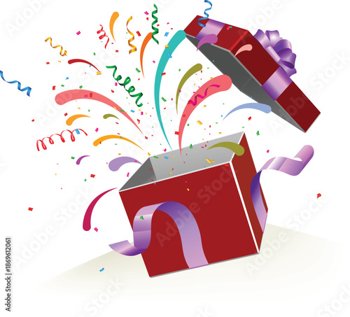 Open red gift box with colorful confetti and ribbons popping out for surprise party celebration