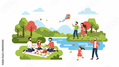 Family enjoying a leisurely picnic by the serene lake on a beautiful sunny day with kite flying in the background