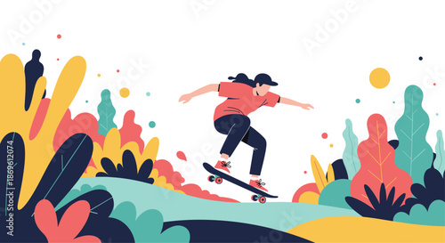 Dynamic illustration captures a person skateboarding amidst a colorful abstract landscape with lush foliage and playful shapes against a bright white background.