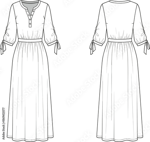 Women long sleeve maxi dress technical fashion illustration with front and back views featuring button placket waist tie flat sketch