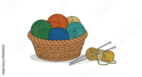 Rustic basket overflowing with colorful balls of yarn sits beside knitting needles and more yarn on a white background symbolizing hobbies crafts and creative projects.