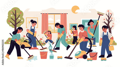 Group of people cleaning and gardening together in a sunny outdoor environment