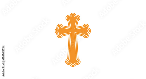 Elegantly designed traditional Christian cross with intricate outline details and a warm orange hue stands alone on a clean white background, symbolizing faith and religion.