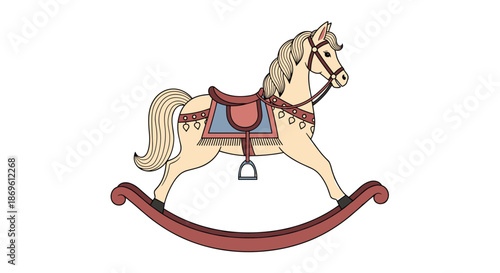 Adorable wooden rocking horse toy with a saddle and bridle on a white background, evoking childhood memories and nostalgia.