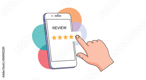Hand taps on a five-star rating on a smartphone screen displaying a review application indicating excellent feedback or user satisfaction with a product or service.