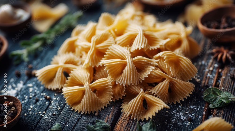 Fototapeta premium Pile of pasta with a few pieces of parsley on top. The pasta is yellow and the parsley is green