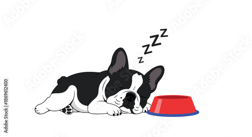 Adorable sleeping black and white French Bulldog puppy napping peacefully beside its empty red food bowl with zzz above.