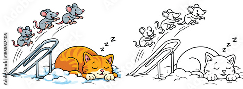Funny cartoon mice jumping off a ramp over a sleeping cat vector illustration