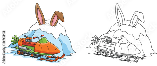 Funny carrot shaped snowmobile and rabbit ears sticking out of snow pile vector cartoon illustration