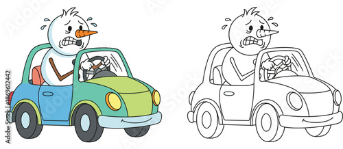 Scared cartoon snowman driving a car vector illustration