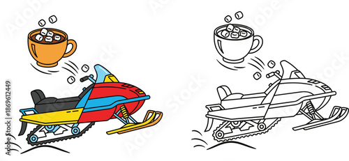 Snowmobile and hot chocolate cup with marshmallows vector cartoon illustration set