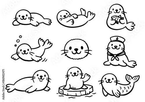Cute hand drawn line art seal set featuring seals swimming, resting, and wearing a sailor hat for children's designs
