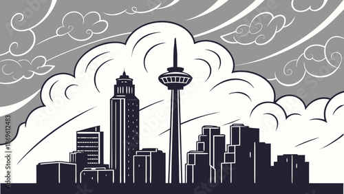 San antonio skyline towers, beauty captured in swirling clouds suitable for travel websites, city promotions, or editorial content showcasing urban landscapes.