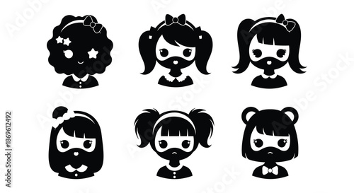 A collection of adorable black silhouette illustrations depicting cute girls with various hairstyles