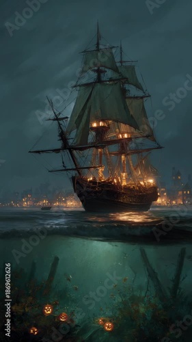 Wallpaper Mural Ghostly ship sails through dark waters near a glowing, haunted city at night Torontodigital.ca