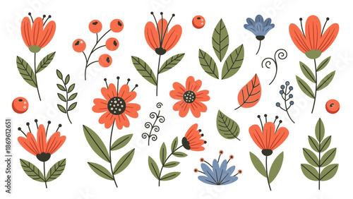 Vibrant floral illustration featuring orange flowers, green leaves, and blue accents in a clean white background.