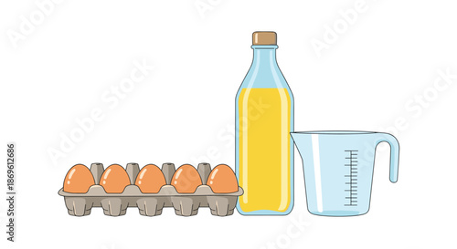 Essential baking ingredients including a carton of eggs a bottle of cooking oil and a measuring cup are neatly arranged on a clean white background for culinary projects.